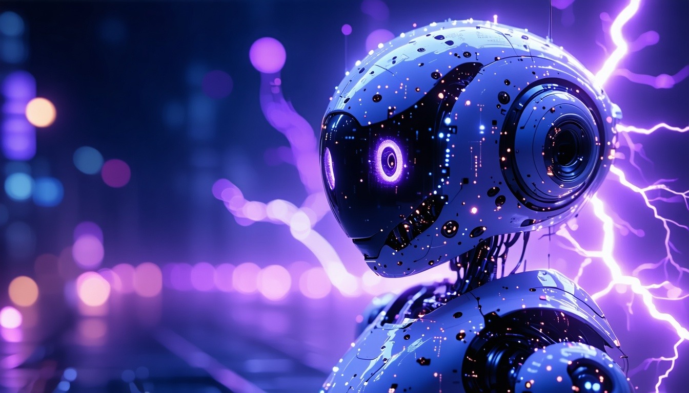 lightning fast AI assistant robot looking kind of with digits and abstract stuff a bit purple and blue in the mix