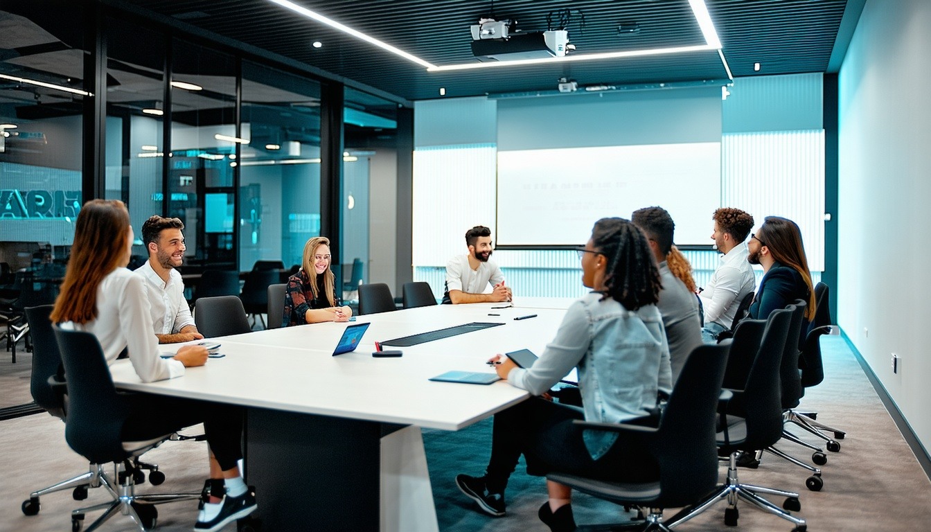 pearl academy an image of a corporate meeting room used as class room with newly educated smart casual and formal young professionals following a lecture or collaborating