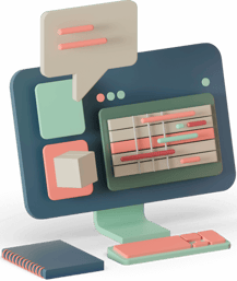Animated computer with a text bubble with a keyboard and a notebook next to it.