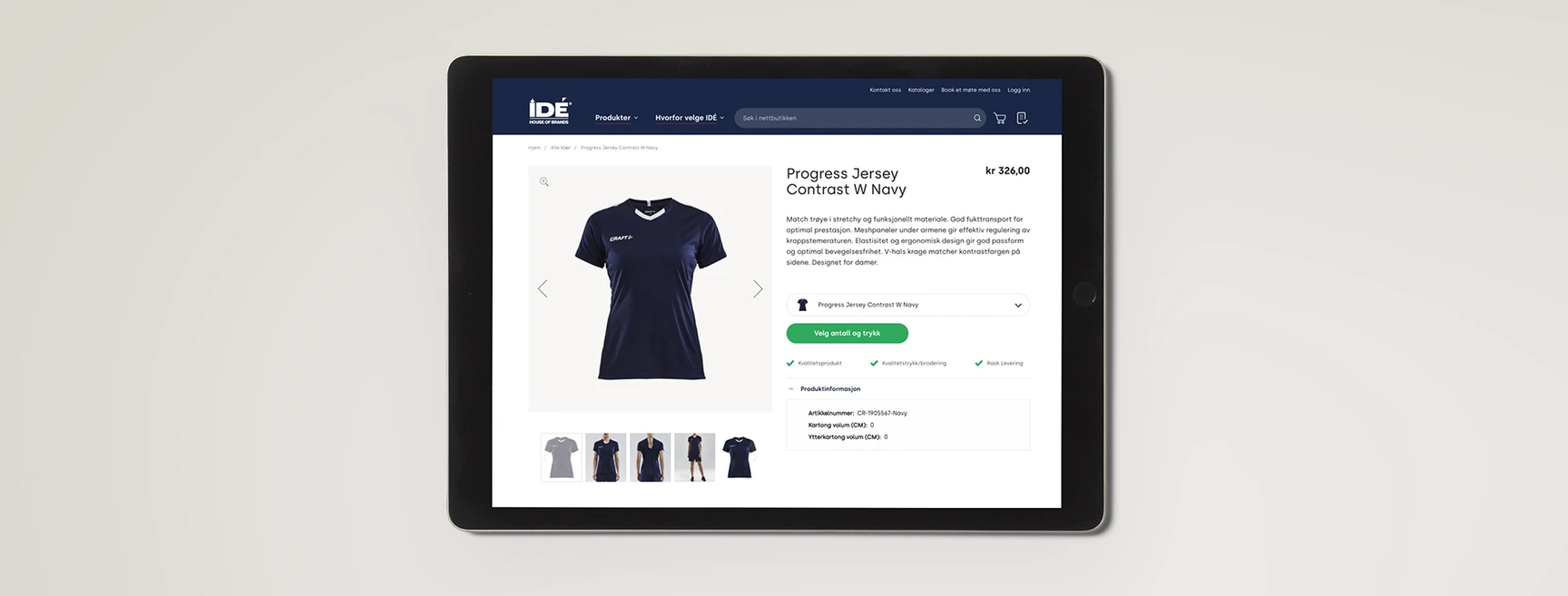 IDÉ House of Brands webshop on a tablet showing a Craft navy sports jersey product page with thumbnails and print ordering option.