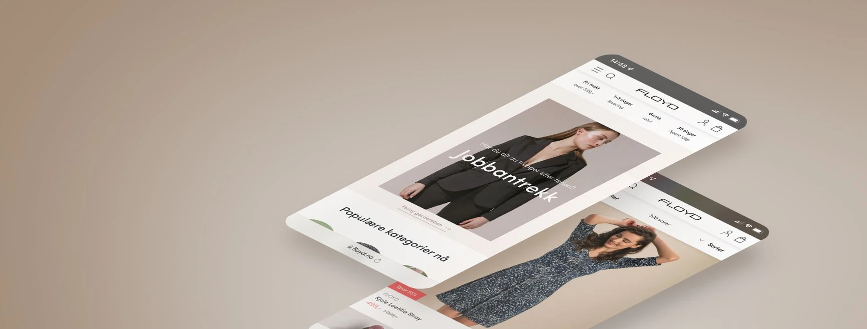 Floyd fashion webshop on two smartphones showing a workwear campaign hero, popular categories, and a dress product listing.
