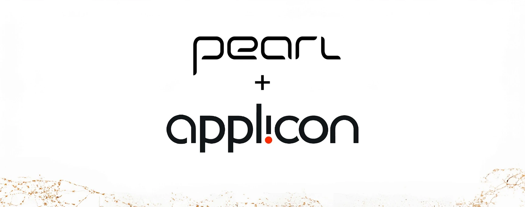 The black 'pearl' logo and 'applicon' logo separated by a plus sign, centered on a white background with gold lace.