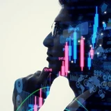 Side profile of a person thinking, overlaid with colorful stock market chart graphics and digital technology elements.