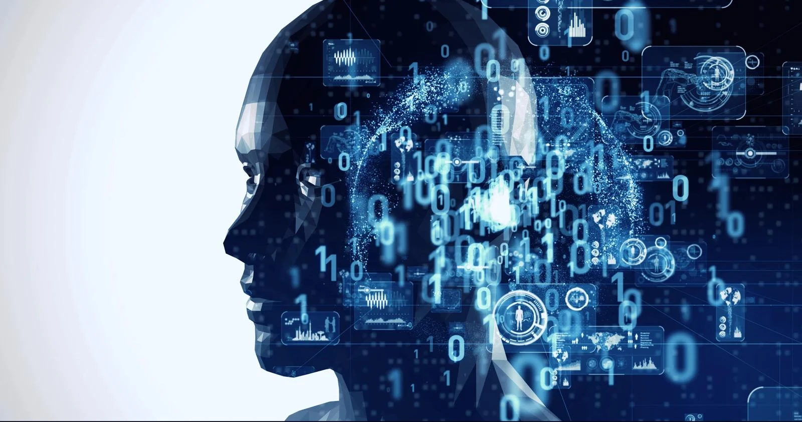 Profil av et digitalt menneskehode i mørkeblått, fylt med svevende binærkoder, ikoner og lyseblå dataillustrasjoner.