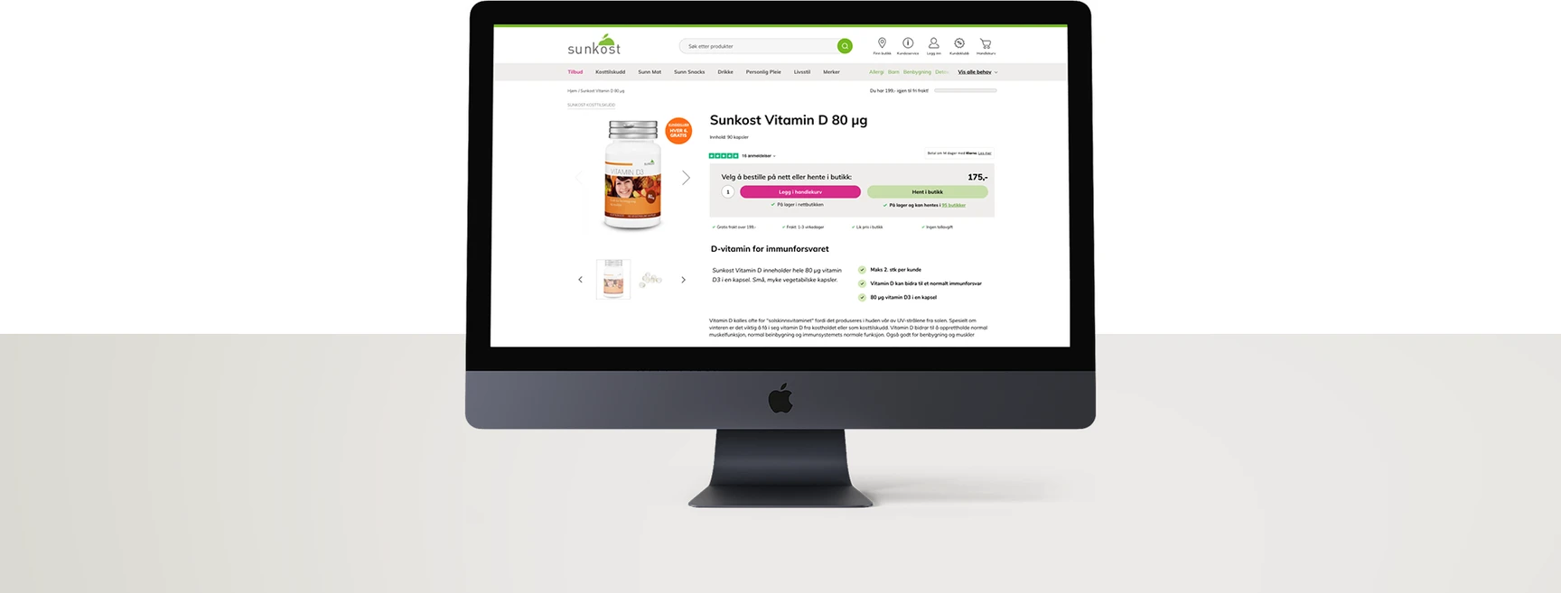 Sunkost webshop on an iMac displaying a Vitamin D supplement product page with add-to-cart and click-and-collect options.