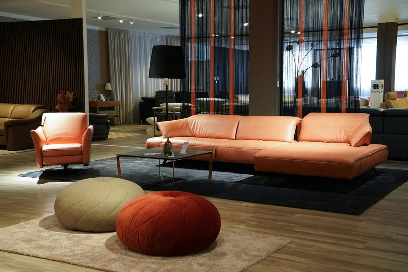 Room of furniture store containing a sofa.