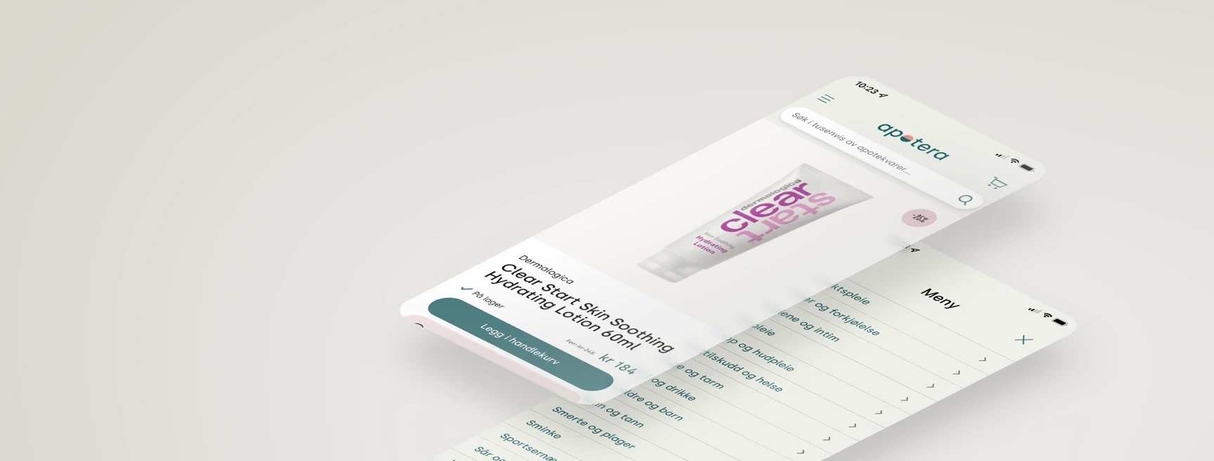 Apotera pharmacy app on two smartphones showing a Dermalogica skincare product page and a category navigation menu.