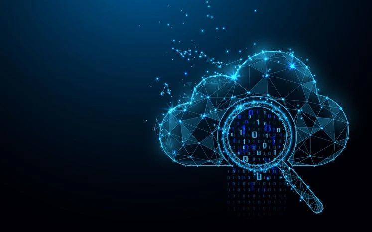 Geometric wireframe cloud shape with a magnifying glass examining binary code, set against a dark blue background.