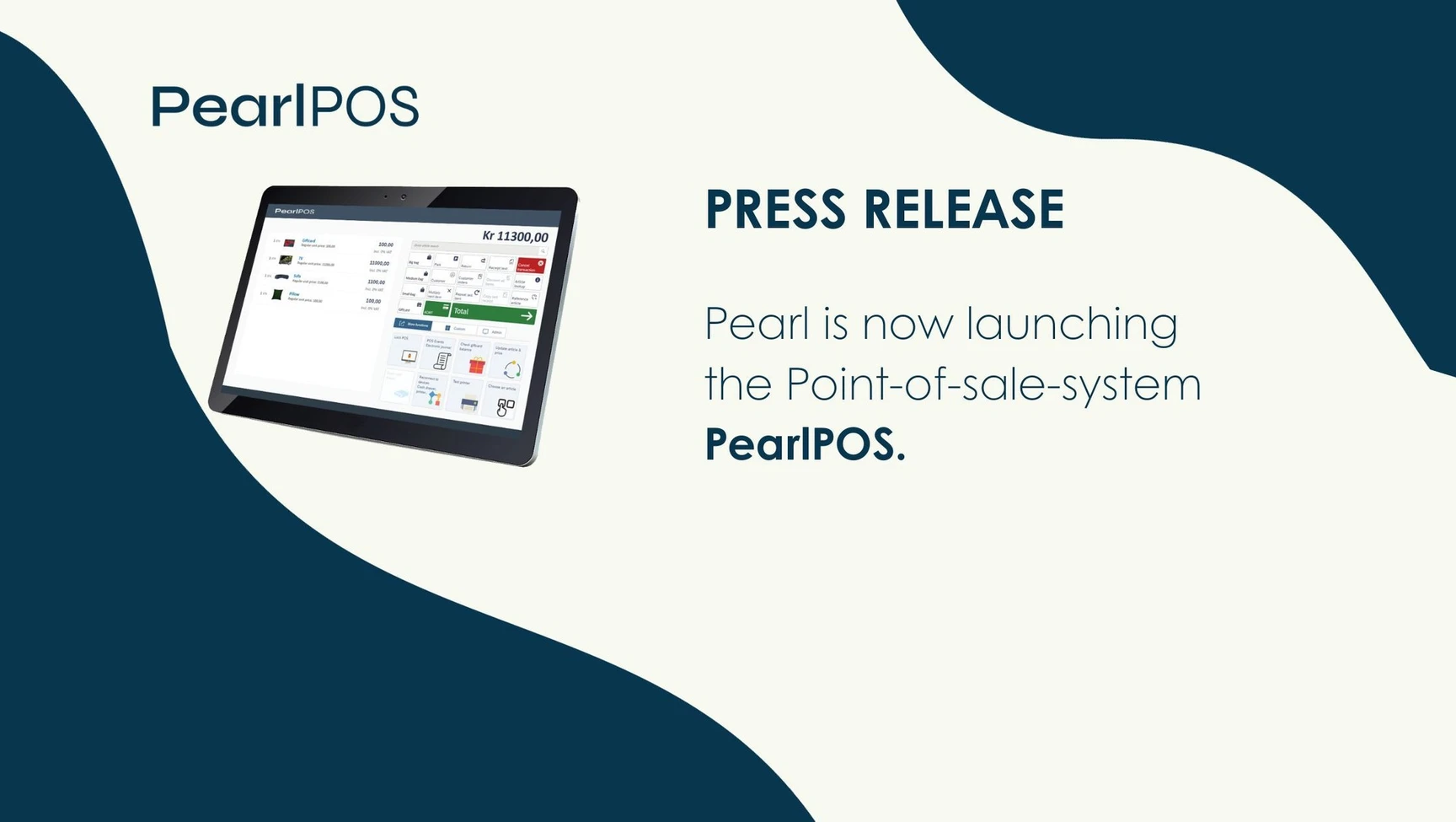 Press release graphic announcing PearlPOS, showing a tablet with point-of-sale software displaying a transaction