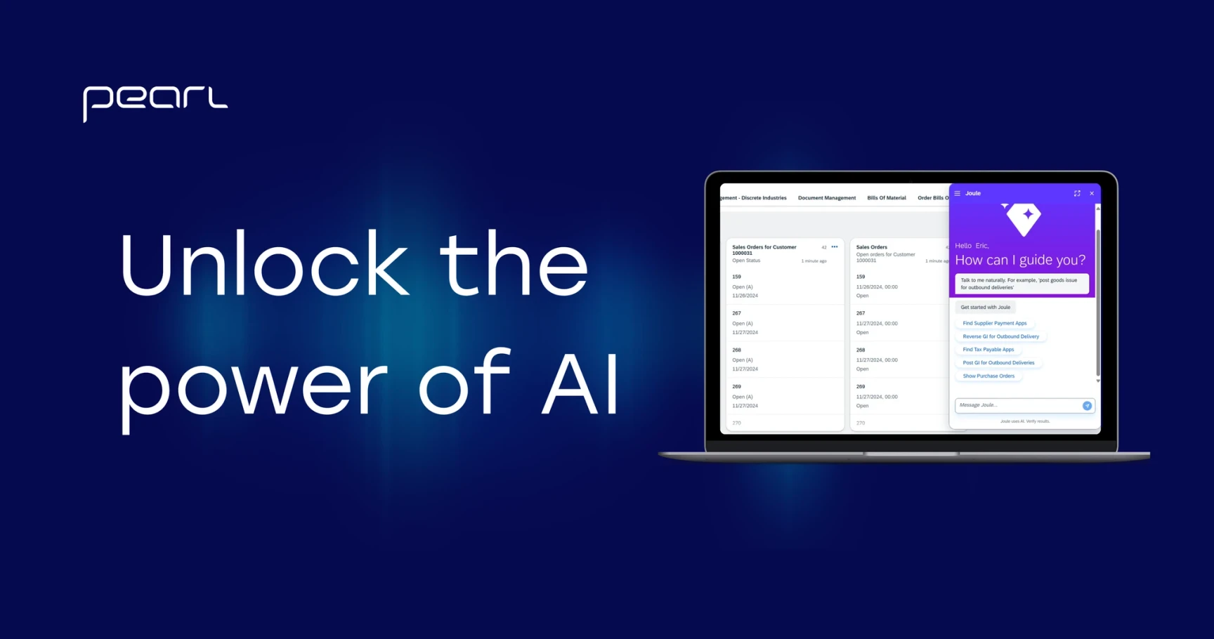 A laptop displaying an AI chatbot interface over business data, with the text 'Unlock the power of AI' and Pearl logo.