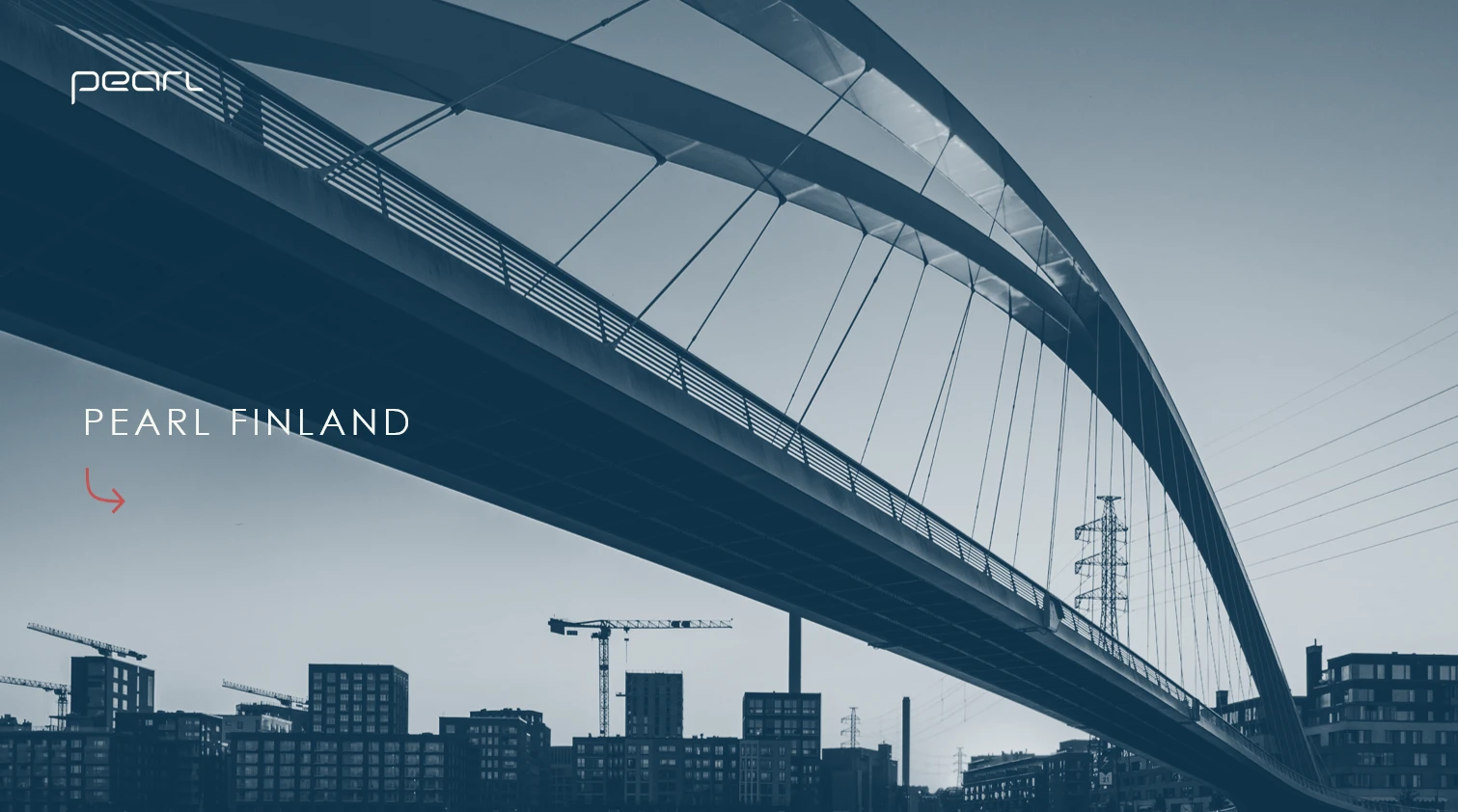 A modern bridge in Helsinki against a city skyline. The Pearl Finland logo and a red arrow are visible in the corner.