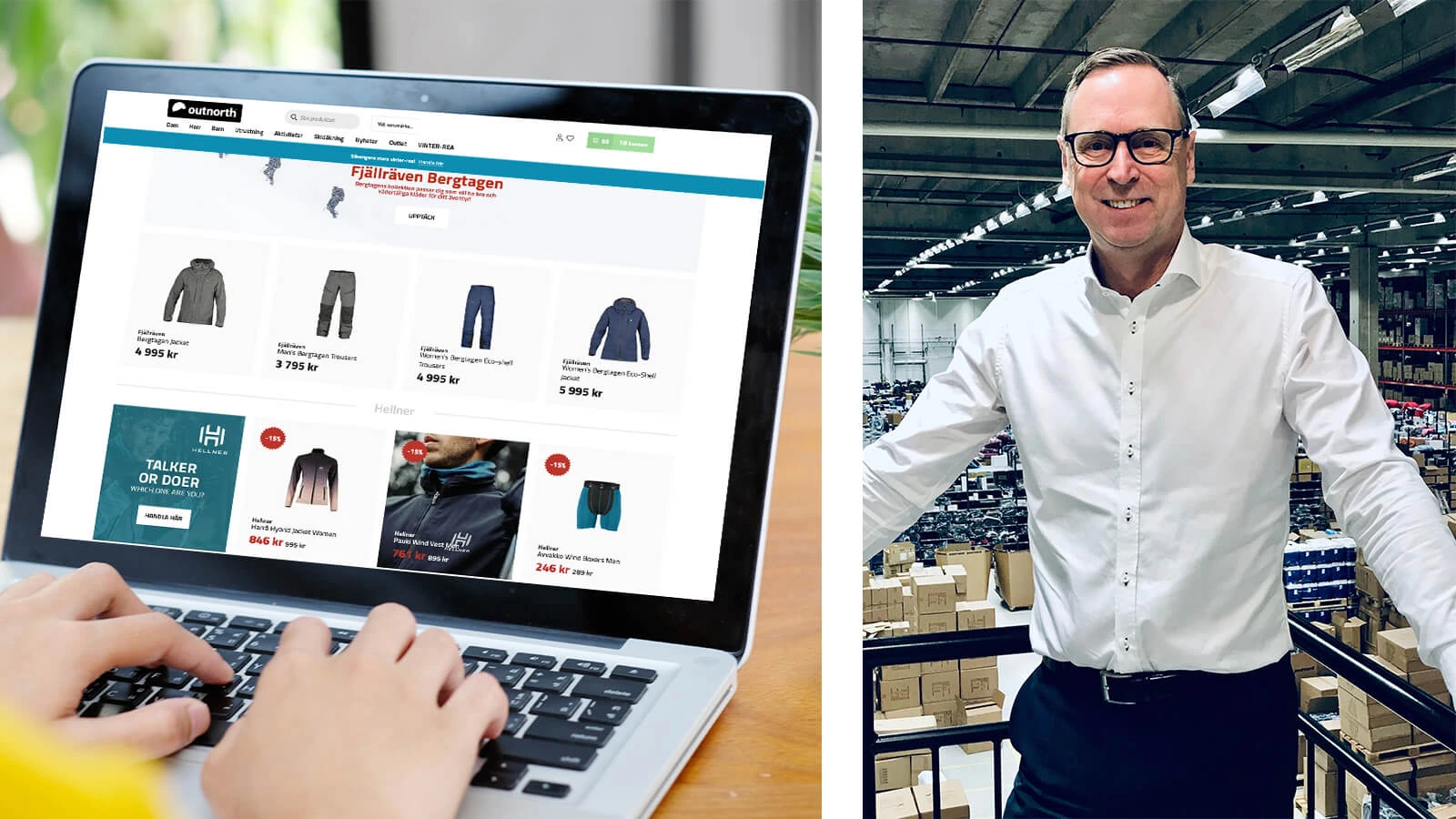 Outnorth e-commerce website on a laptop screen alongside a man in a white shirt standing in a large warehouse facility.