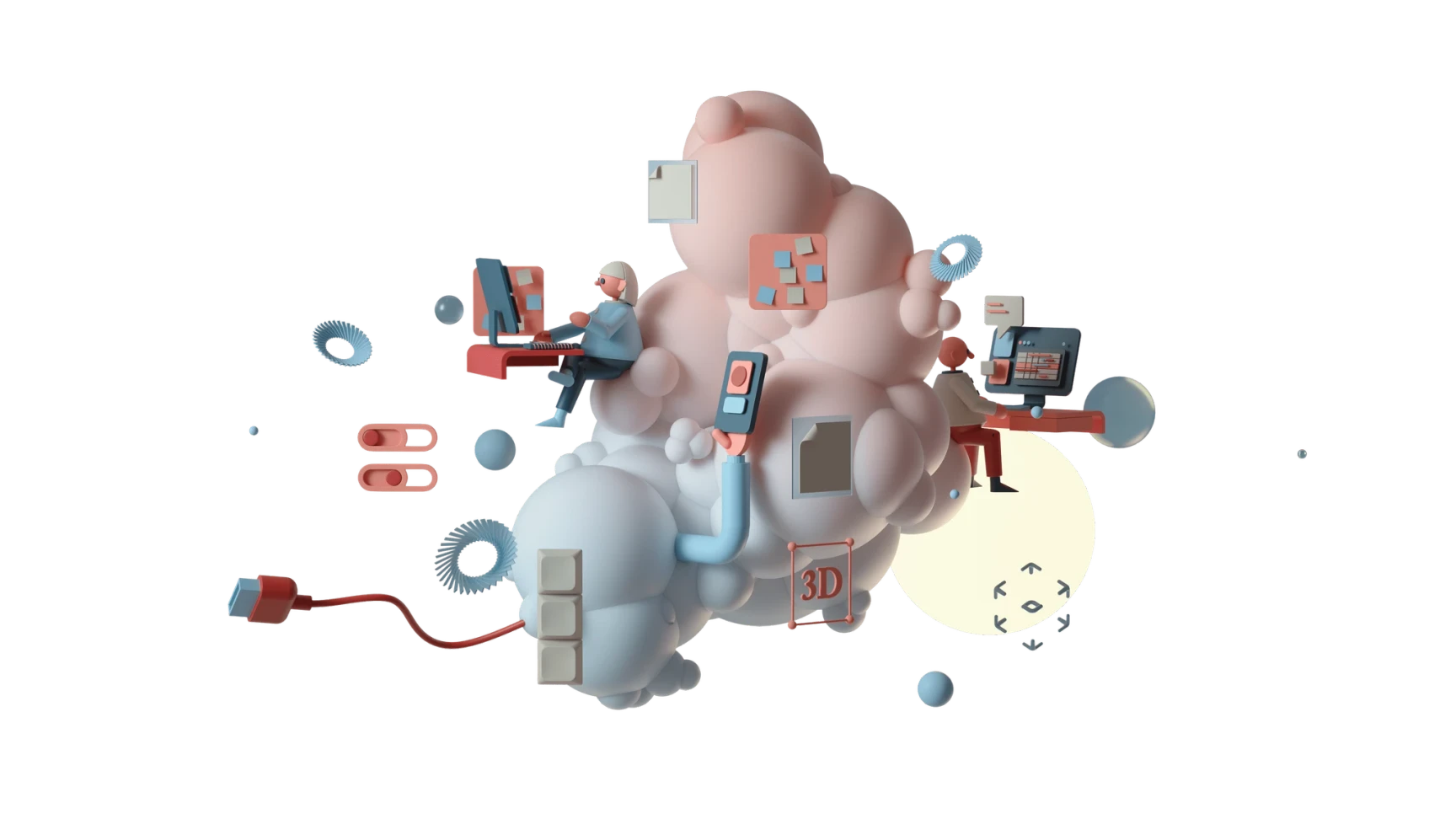 3D illustration of two figures working on computers atop abstract cloud shapes, surrounded by floating digital interface elements.