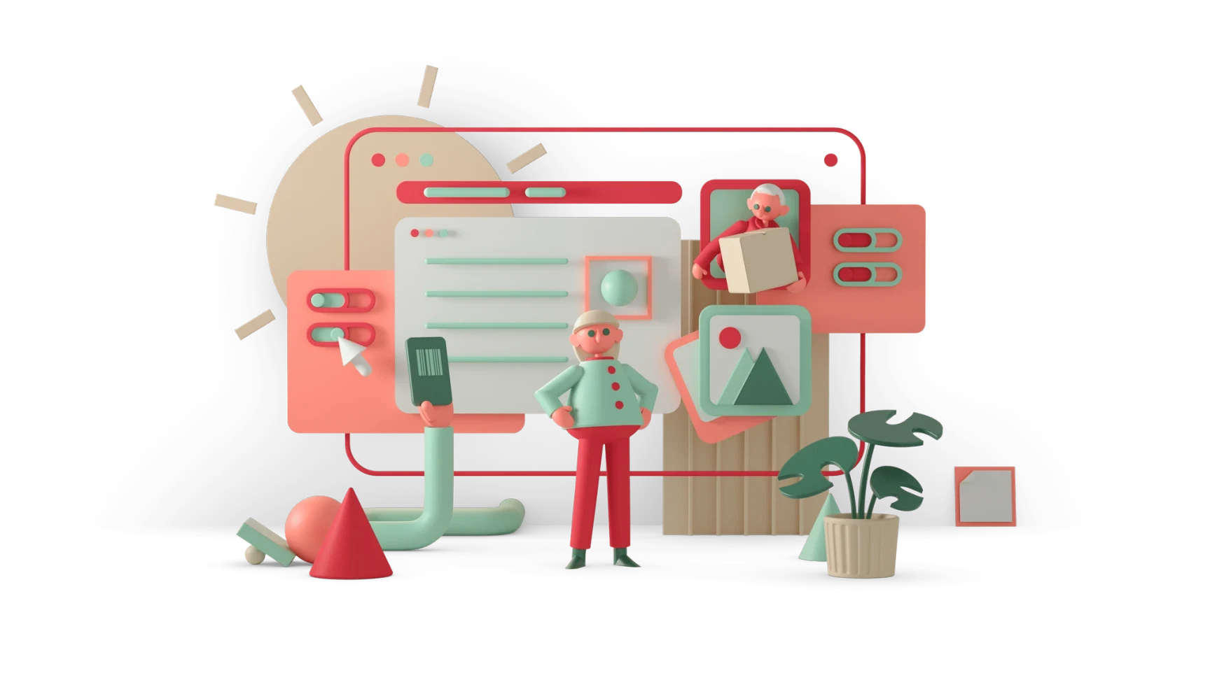 3D illustration of two figures interacting with a digital interface, UI elements, and a delivery box on a dark background.