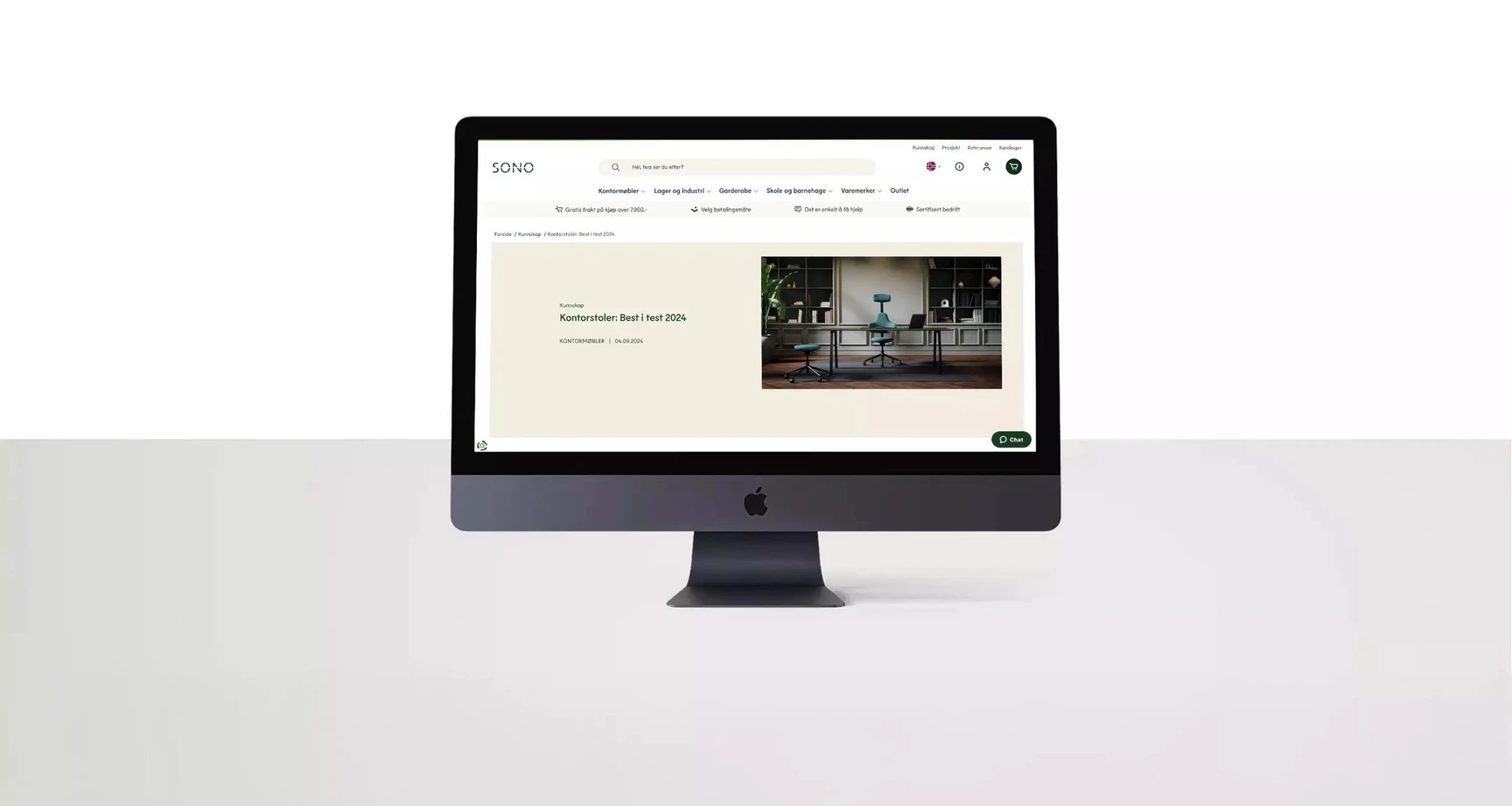 Sono webshop displayed on an iMac showing a blog article about best office chairs, with navigation and product categories visible.