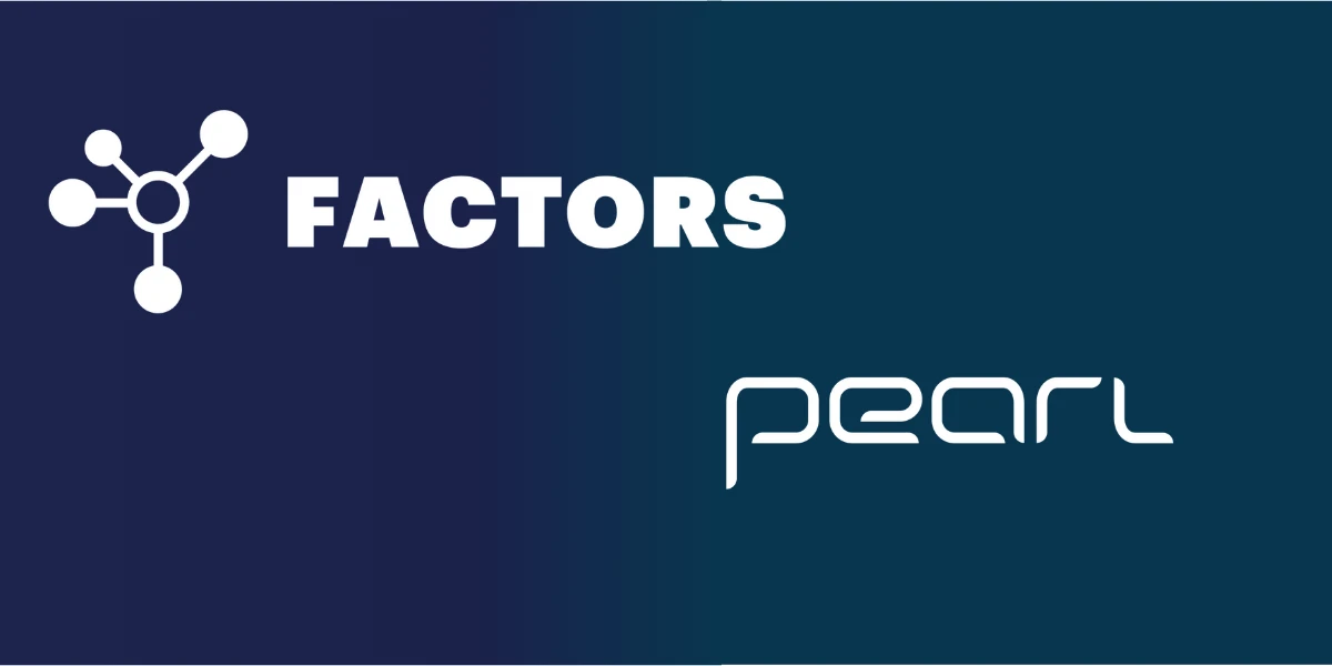 White network icon and 'FACTORS' text above a stylized 'pearl' logo, all on a professional dark blue gradient background.