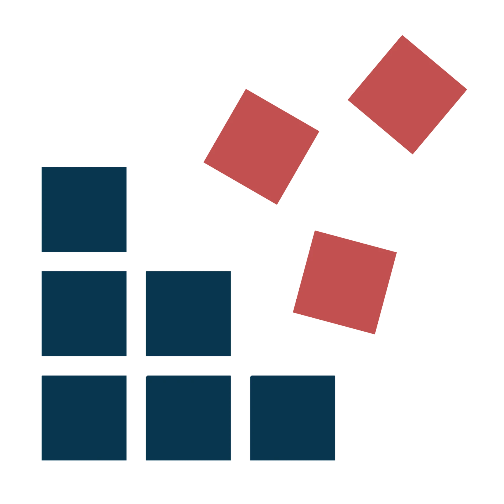 Abstract illustration of dark blue stacked squares forming a grid pattern with three tilted red squares on a black background.